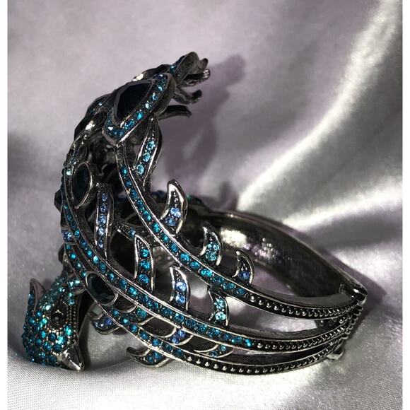 Peacock Bracelet Art Deco Rhinestone Hinged Cuff Wrap Clamp Aqua Blue - Picture 5 of 11